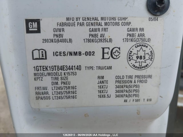 12626513 :رقم المزاد ، 1GTEK19T84E344140 vin ، 2004 Gmc Sierra 1500 Sl/sle/slt مزاد بيع