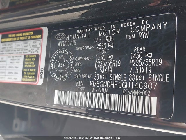 2016 Hyundai Santa Fe Xl Limited მანქანა იყიდება აუქციონზე, vin: KM8SNDHF9GU146907, აუქციონის ნომერი: 12626515