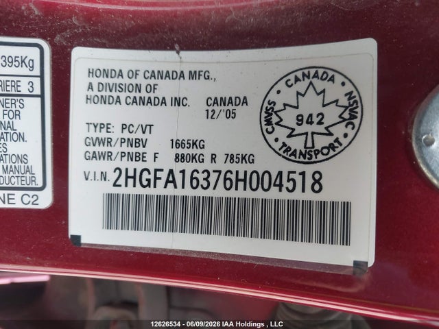 Aukcja sprzedaży 2006 Honda Civic Dx-g, vin: 2HGFA16376H004518, numer aukcji: 12626534