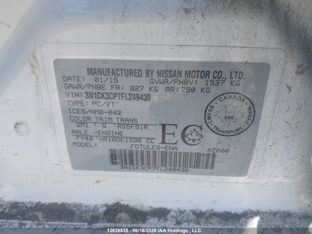 2015 Nissan Micra მანქანა იყიდება აუქციონზე, vin: 3N1CK3CP7FL249430, აუქციონის ნომერი: 12626535