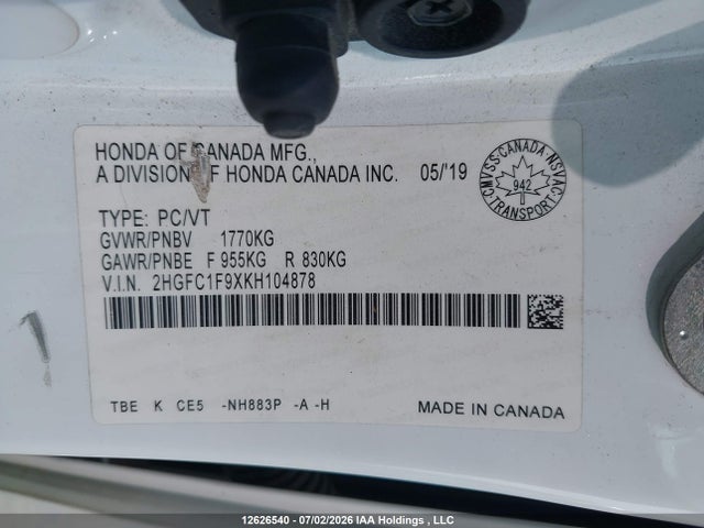 Aukcja sprzedaży 2019 Honda Civic Touring, vin: 2HGFC1F9XKH104878, numer aukcji: 12626540