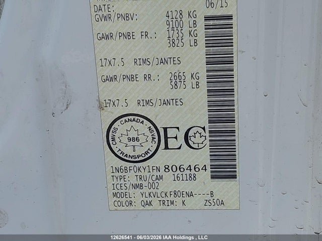 Aukcja sprzedaży 2015 Nissan Nv 1500/2500, vin: 1N6BF0KY1FN806464, numer aukcji: 12626541