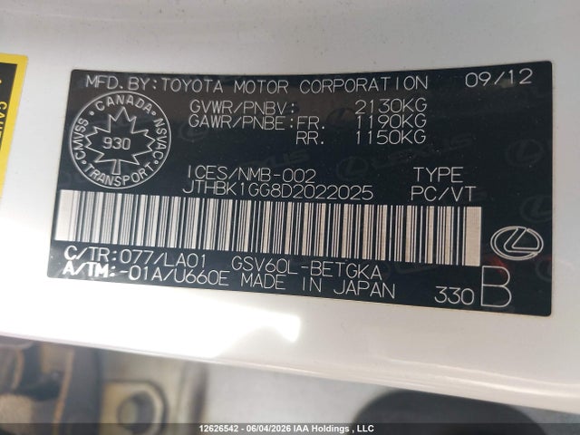 12626542 :رقم المزاد ، JTHBK1GG8D2022025 vin ، 2013 Lexus Es 350 350 مزاد بيع