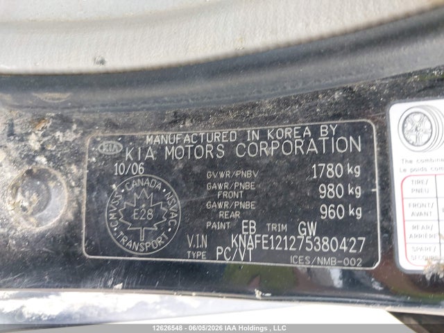 12626548 :رقم المزاد ، KNAFE121275380427 vin ، 2007 Kia Spectra Ex/lx مزاد بيع