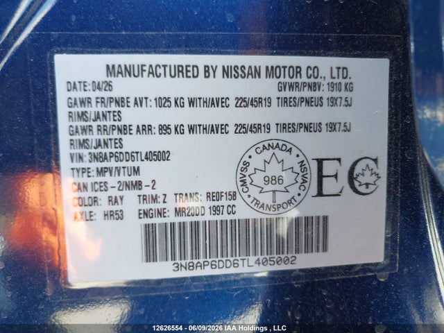 Aukcja sprzedaży 2026 Nissan Kicks Sr Awd Cvt, vin: 3N8AP6DD6TL405002, numer aukcji: 12626554