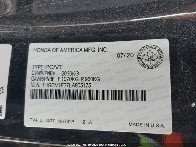 2020 Honda Accord Sport მანქანა იყიდება აუქციონზე, vin: 1HGCV1F37LA805175, აუქციონის ნომერი: 12626563