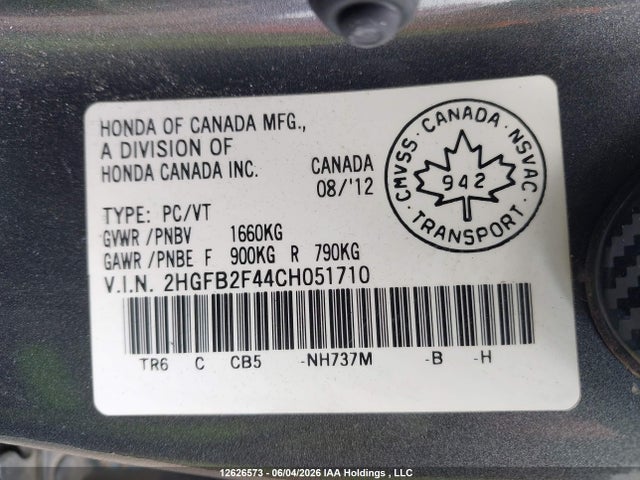 2012 Honda Civic Lx მანქანა იყიდება აუქციონზე, vin: 2HGFB2F44CH051710, აუქციონის ნომერი: 12626573