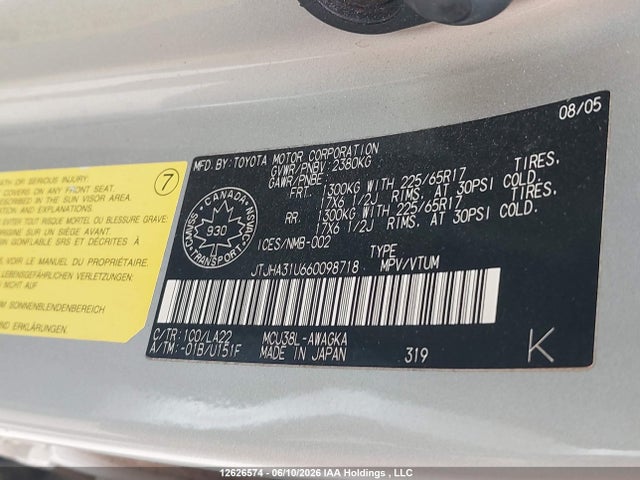 12626574 :رقم المزاد ، JTJHA31U660098718 vin ، 2006 Lexus Rx 330 مزاد بيع