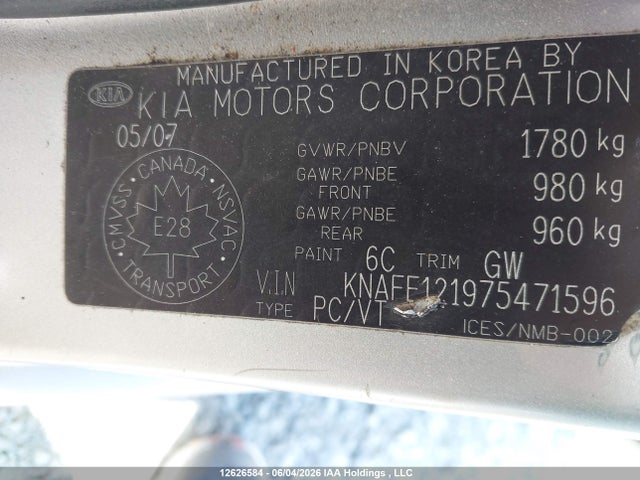 Продаж на аукціоні авто 2007 Kia Spectra Lx/lx Convenience/lx Premium, vin: KNAFE121975471596, номер лоту: 12626584