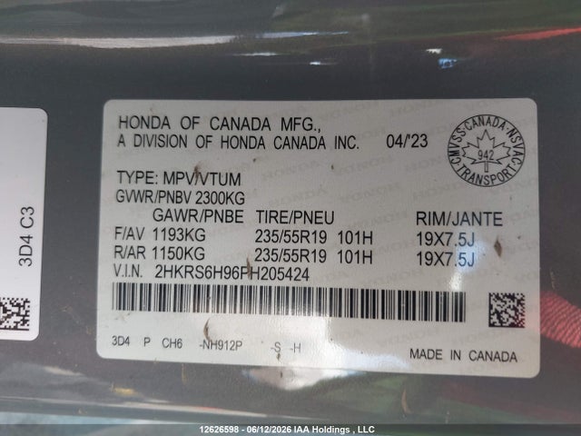 2023 Honda Cr-v Touring Hybrid მანქანა იყიდება აუქციონზე, vin: 2HKRS6H96PH205424, აუქციონის ნომერი: 12626598