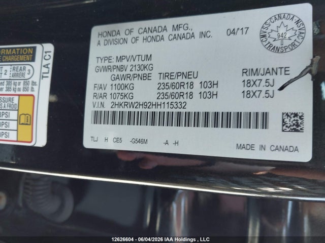 Продажа на аукционе авто 2017 Honda Cr-v Touring, vin: 2HKRW2H92HH115332, номер лота: 12626604