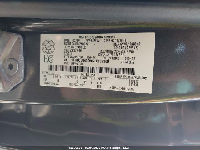 1FMCU9GD9KUB36309 Ford ESCAPE SE