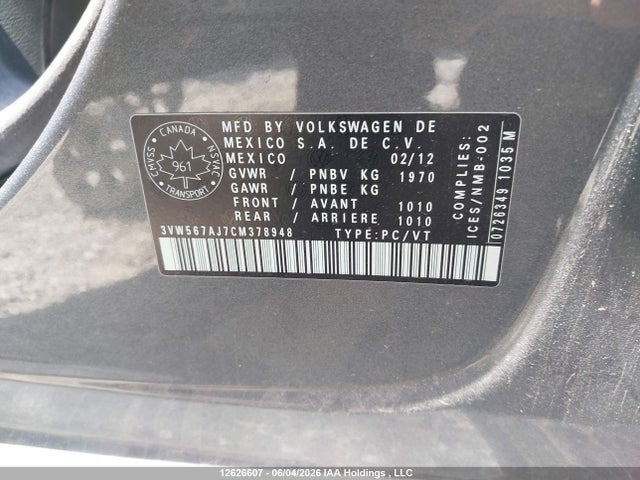 12626607 :رقم المزاد ، 3VW567AJ7CM378948 vin ، 2012 Volkswagen Jetta Gli مزاد بيع