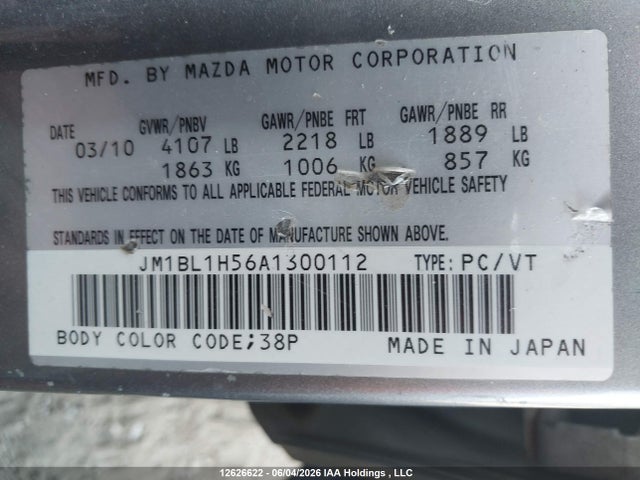 12626622 :رقم المزاد ، JM1BL1H56A1300112 vin ، 2010 Mazda 3 S مزاد بيع