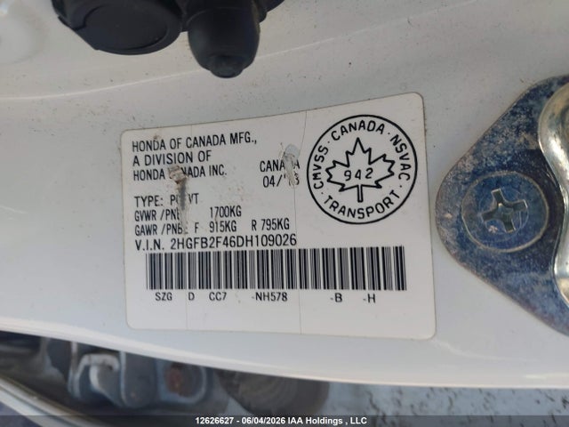 2013 Honda Civic Lx მანქანა იყიდება აუქციონზე, vin: 2HGFB2F46DH109026, აუქციონის ნომერი: 12626627