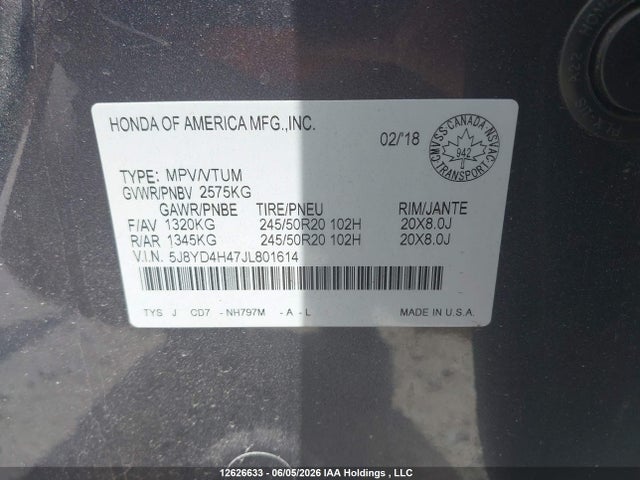 Auction sale of the 2018 Acura Mdx Navigation Package, vin: 5J8YD4H47JL801614, lot number: 12626633