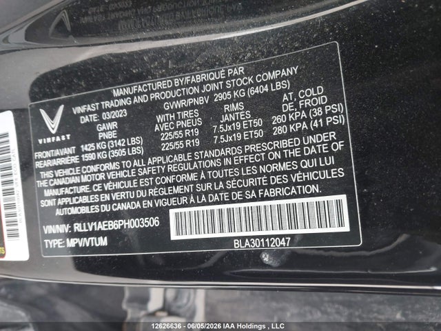 Aukcja sprzedaży 2023 Vinfast Vf 8 Eco, vin: RLLV1AEB6PH003506, numer aukcji: 12626636
