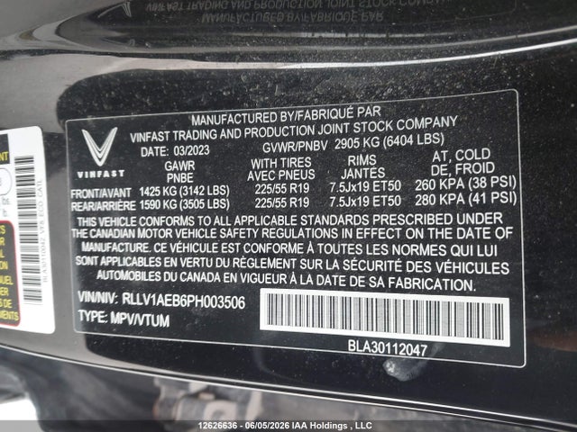Aukcja sprzedaży 2023 Vinfast Vf 8 Eco, vin: RLLV1AEB6PH003506, numer aukcji: 12626636