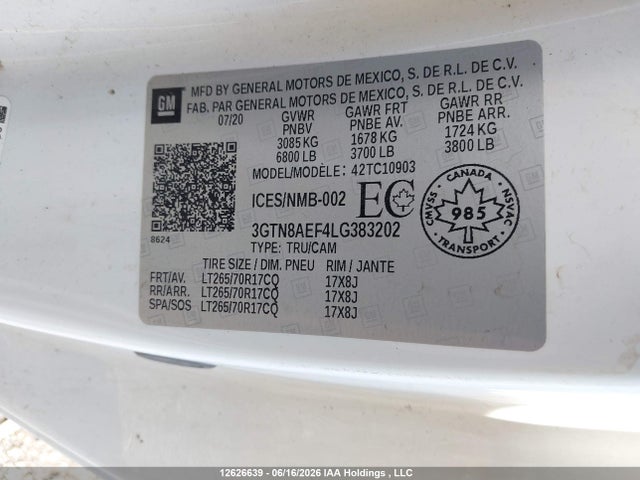 Aukcja sprzedaży 2020 Gmc Sierra 1500, vin: 3GTN8AEF4LG383202, numer aukcji: 12626639