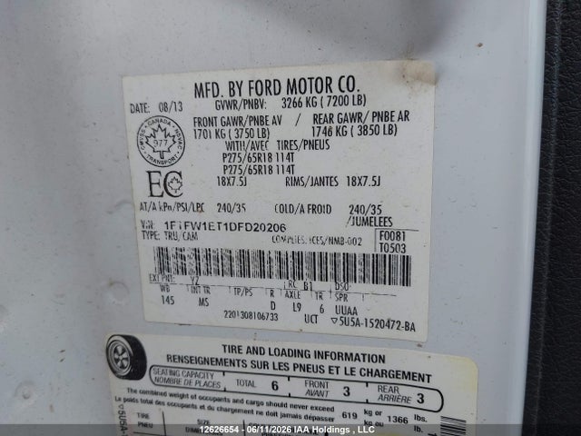 12626654 :رقم المزاد ، 1FTFW1ET1DFD20206 vin ، 2013 Ford F-150 Xlt مزاد بيع