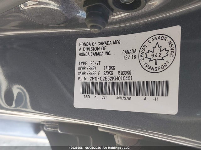 12626656 :رقم المزاد ، 2HGFC2E52KH010451 vin ، 2019 Honda Civic Lx مزاد بيع