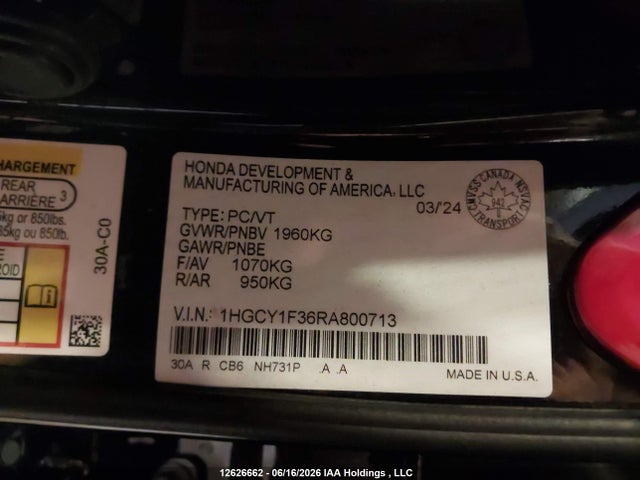 Продажа на аукционе авто 2024 Honda Accord Ex, vin: 1HGCY1F36RA800713, номер лота: 12626662
