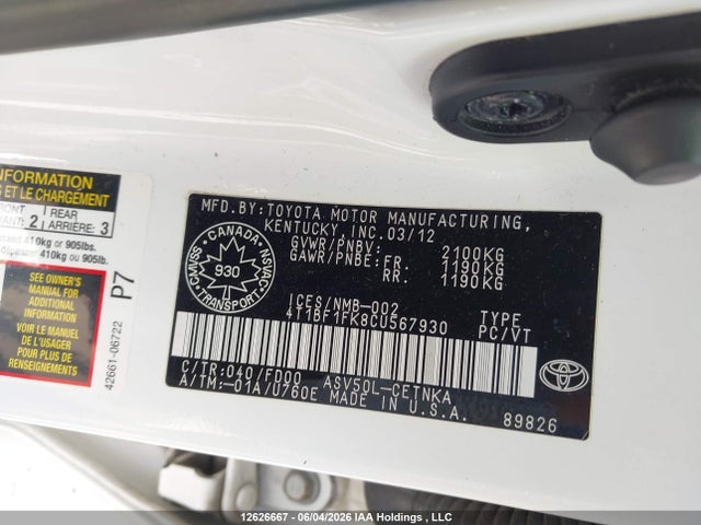 12626667 :رقم المزاد ، 4T1BF1FK8CU567930 vin ، 2012 Toyota Camry Se/le/xle مزاد بيع