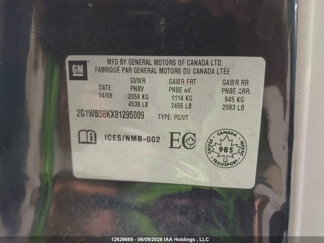 12626669 :رقم المزاد ، 2G1WB58KX81295009 vin ، 2008 Chevrolet Impala Ls مزاد بيع