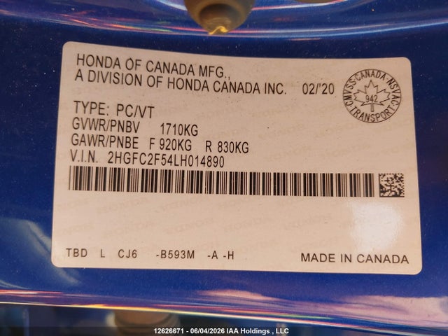 12626671 :رقم المزاد ، 2HGFC2F54LH014890 vin ، 2020 Honda Civic Lx مزاد بيع