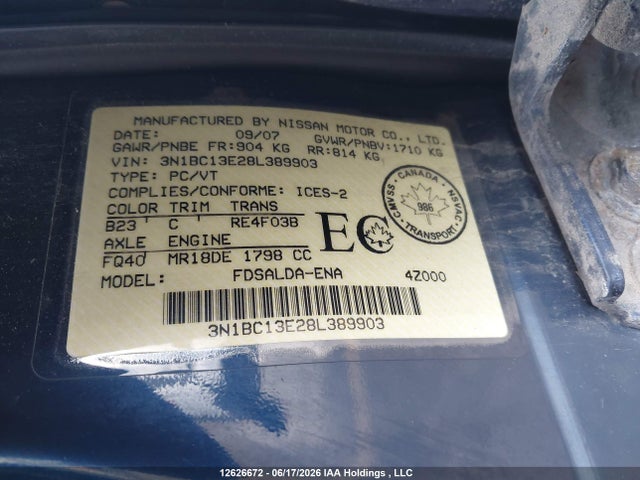 Aukcja sprzedaży 2008 Nissan Versa S/sl, vin: 3N1BC13E28L389903, numer aukcji: 12626672