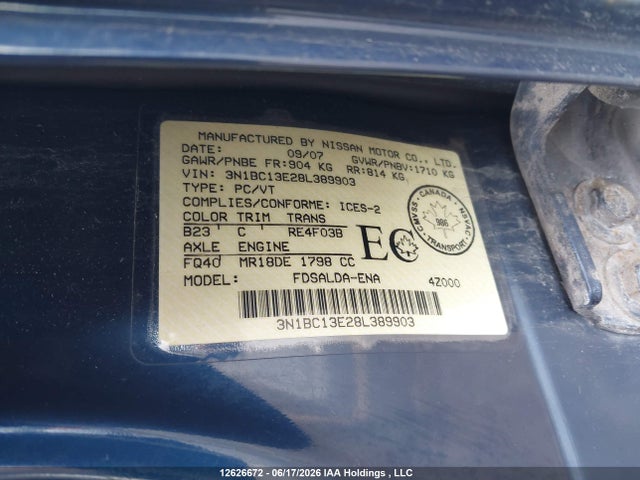 Aukcja sprzedaży 2008 Nissan Versa S/sl, vin: 3N1BC13E28L389903, numer aukcji: 12626672