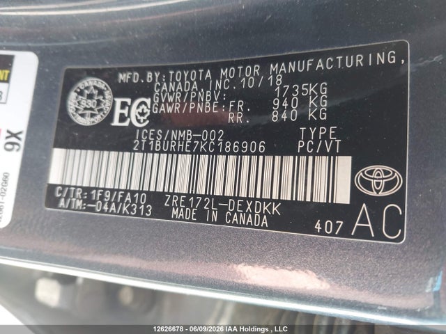 Toyota COROLLA CE 2019 2T1BURHE7KC186906 Image 9