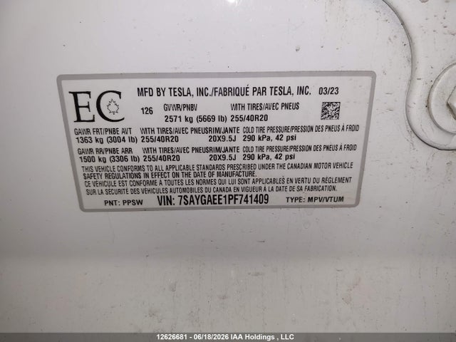 Aukcja sprzedaży 2023 Tesla Model Y, vin: 7SAYGAEE1PF741409, numer aukcji: 12626681