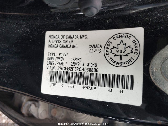 2012 Honda Civic Ex მანქანა იყიდება აუქციონზე, vin: 2HGFB2F58CH038886, აუქციონის ნომერი: 12626683