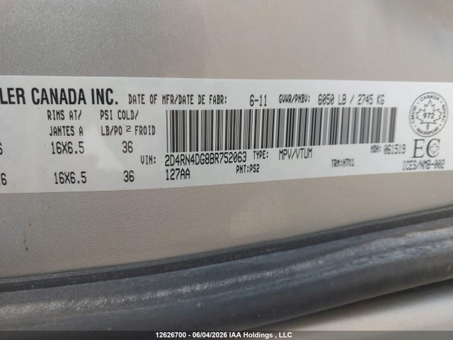 12626700 :رقم المزاد ، 2D4RN4DG8BR752063 vin ، 2011 Dodge Grand Caravan Express مزاد بيع