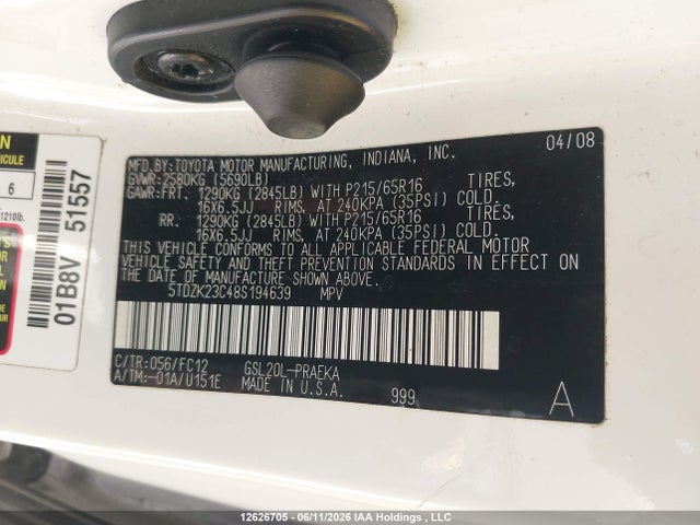 12626705 :رقم المزاد ، 5TDZK23C48S194639 vin ، 2008 Toyota Sienna Ce/le مزاد بيع