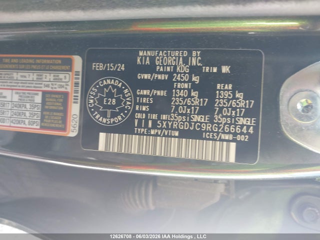 Aukcja sprzedaży 2024 Kia Sorento 2.5l Lx, vin: 5XYRGDJC9RG266644, numer aukcji: 12626708