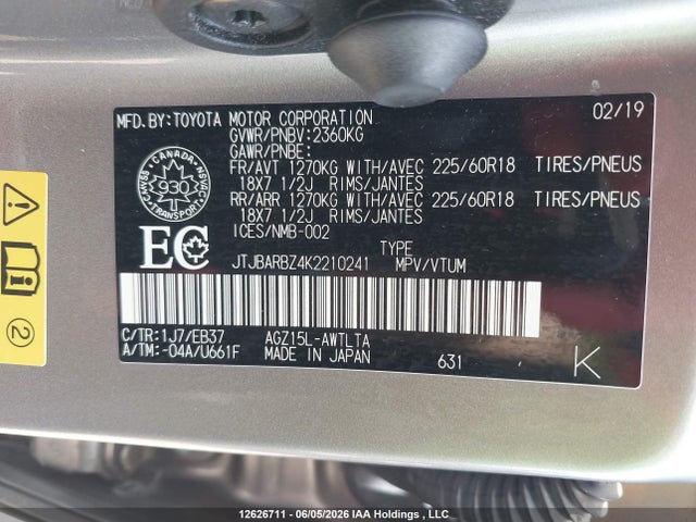 12626711 :رقم المزاد ، JTJBARBZ4K2210241 vin ، 2019 Lexus Nx 300 Base/300 F Sport مزاد بيع
