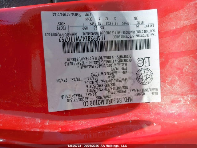 2007 Ford Focus St St მანქანა იყიდება აუქციონზე, vin: 1FAFP38Z47W110752, აუქციონის ნომერი: 12626723