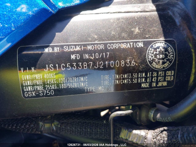 Продаж на аукціоні авто 2018 Suzuki Gsx-s750 M/z, vin: JS1C533B7J2100836, номер лоту: 12626731