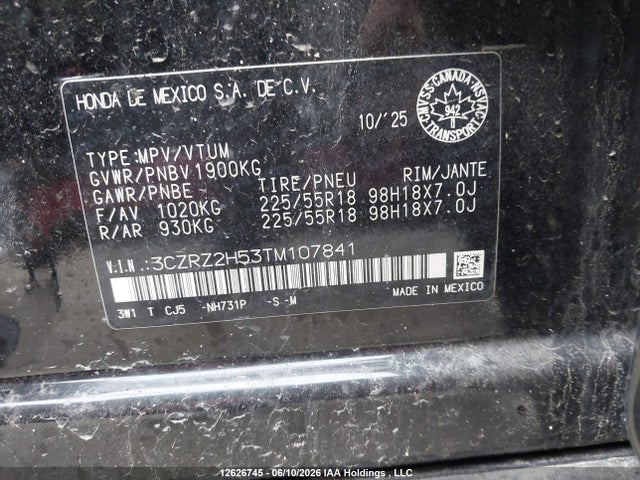 2026 Honda Hr-v Sport მანქანა იყიდება აუქციონზე, vin: 3CZRZ2H53TM107841, აუქციონის ნომერი: 12626745
