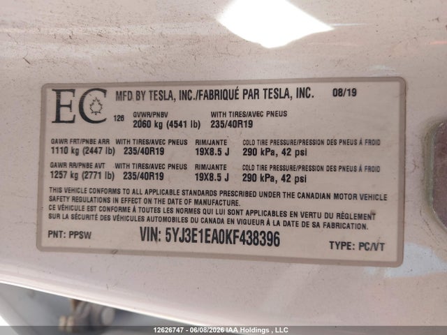 Tesla Model 3 Long Range/mid Range/standard Range/standard Range Plus 2019 5YJ3E1EA0KF438396 Image 18