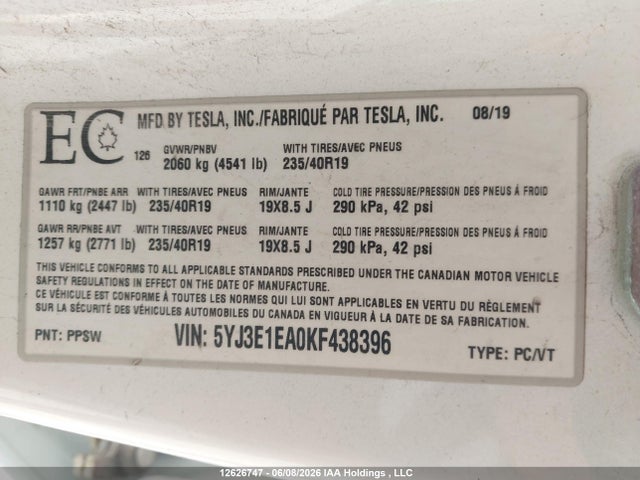 Tesla Model 3 Long Range/mid Range/standard Range/standard Range Plus 2019 5YJ3E1EA0KF438396 Image 9