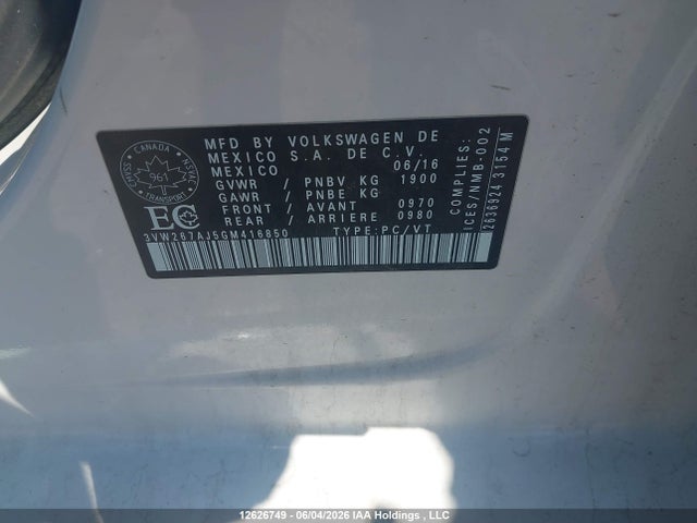 Продажа на аукционе авто 2016 Volkswagen Jetta S, vin: 3VW267AJ5GM416850, номер лота: 12626749