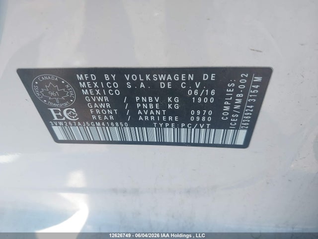 Продажа на аукционе авто 2016 Volkswagen Jetta S, vin: 3VW267AJ5GM416850, номер лота: 12626749
