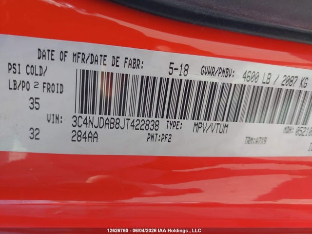 12626760 :رقم المزاد ، 3C4NJDAB8JT422838 vin ، 2018 Jeep Compass Sport مزاد بيع