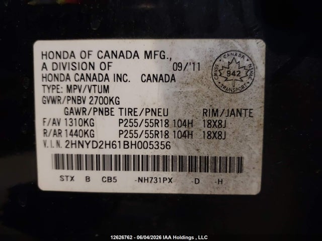Auction sale of the 2011 Acura Mdx, vin: 2HNYD2H61BH005356, lot number: 12626762