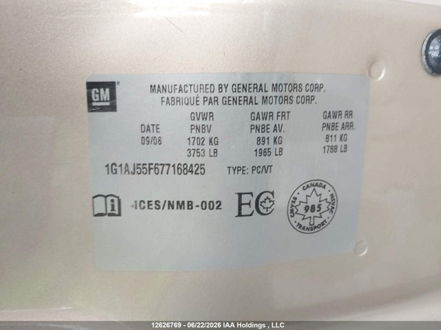 2007 Chevrolet Cobalt Ls მანქანა იყიდება აუქციონზე, vin: 1G1AJ55F677168425, აუქციონის ნომერი: 12626769