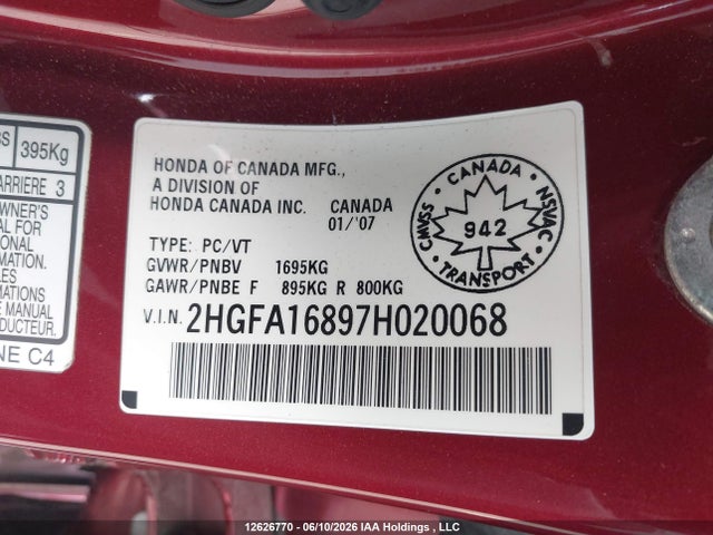 2007 Honda Civic Ex 4dr მანქანა იყიდება აუქციონზე, vin: 2HGFA16897H020068, აუქციონის ნომერი: 12626770