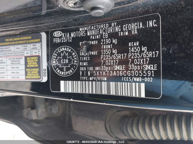 12626772 :رقم المزاد ، 5XYKT3A16CG305591 vin ، 2012 Kia Sorento Lx مزاد بيع